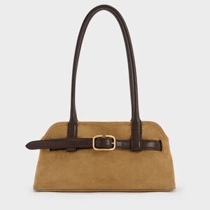 Charles & Keith Tan and Brown Suede Shoulder Bag